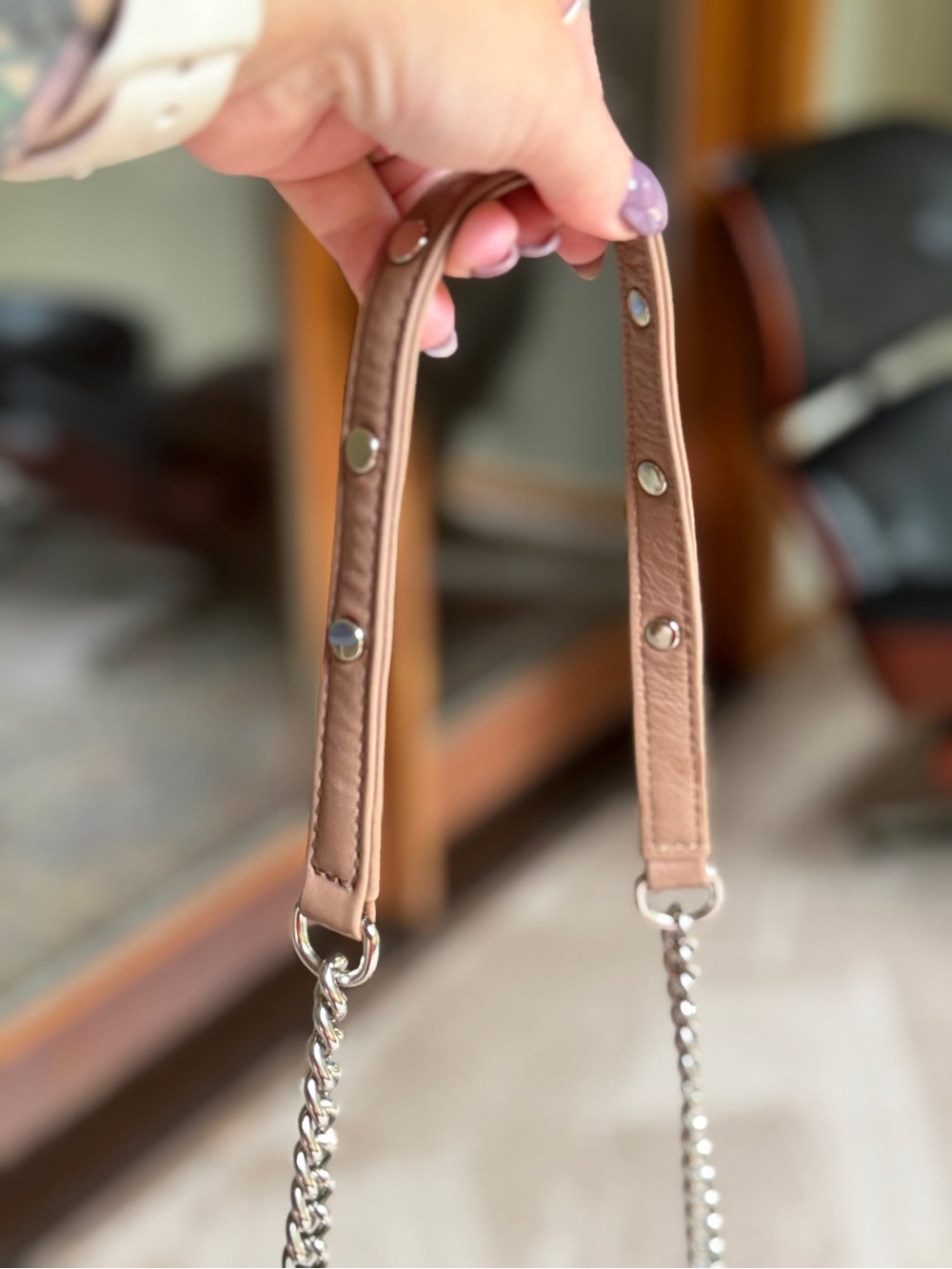 Rebecca Minkoff Shiny Mauve Pink Chain Crossbody Bag Studded Bottom Zipper - Picture 5 of 16